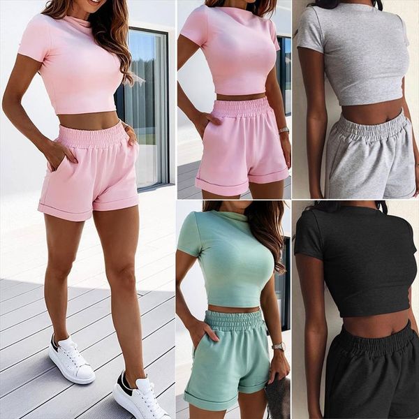 

2pcs новые casual women summer одежда наборы коротким рукавом crop tops упругие высокой талией шорты сплошной цвет женские наряды, Gray