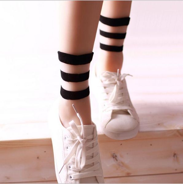 

socks & hosiery wholesale-2021 summer fashion wholesale transparent crystal japanese glass wool three bars1, Black;white