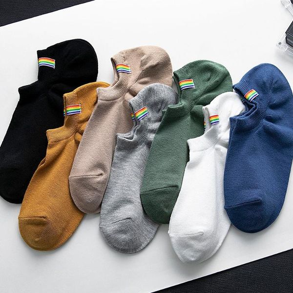 

men's socks summer solid color invisible rainbow cloth label ankle novelty sports low cut shallow mouth men, Black
