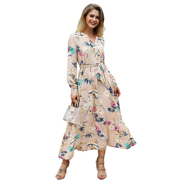 

2018 new fall womens clothing vacation style printed v-neck long sleeve belt maxi dress, Black;gray