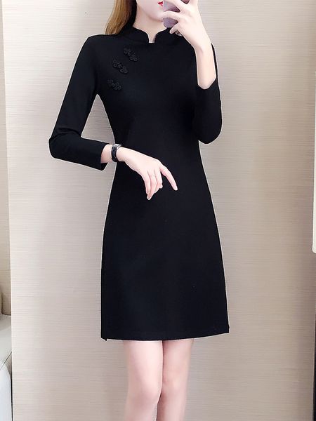 

2020 spring and in the new autumn dress skinny retro plus solid color dress cheongsam feminine, Black;gray