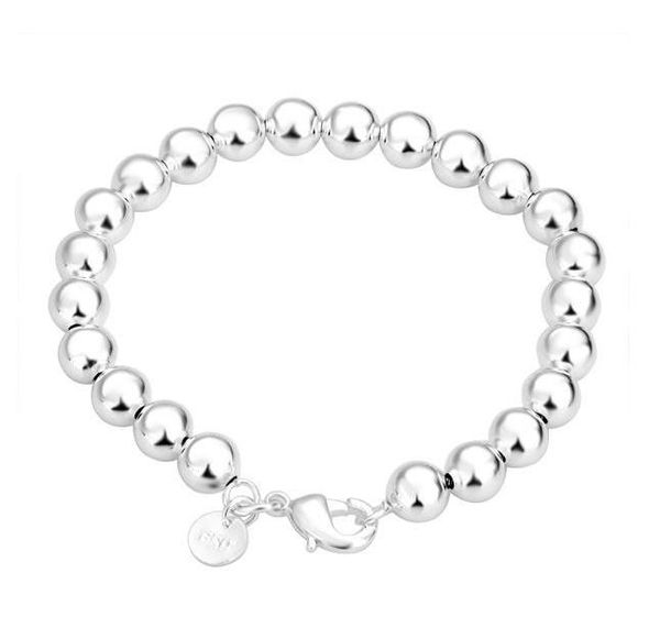 

925 sterling silver chain bracelets men/women 8/10mm round ball bead bracelet fashion costume jewelry, Black