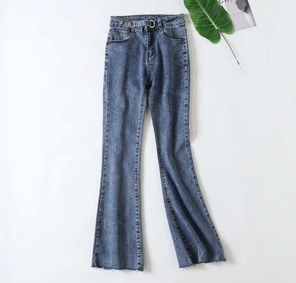 

hcbless 2019 autumn new raw women's elastic flared pants was thin jeans, Blue