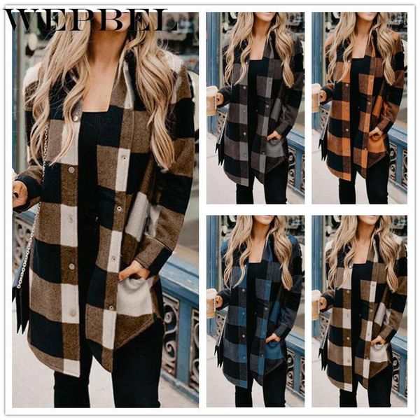 

wepbel women autumn woolen plaid jacket ladies elegant long sleeve single breasted turn down collar long coat1, Black;brown