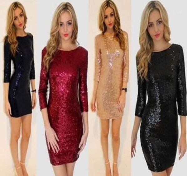 

casual dresses sequin dress party slip elegant maxi women vestidos crew neck 3/4 sleeve sheath1, Black;gray