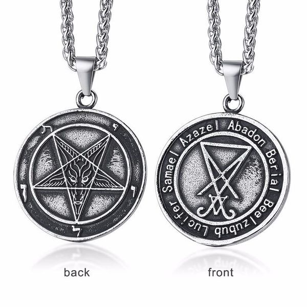

vnox double sides wearable sigil of lucifer david star pendants stainless steel men necklace pagan occult male jewelry 24" chain, Silver