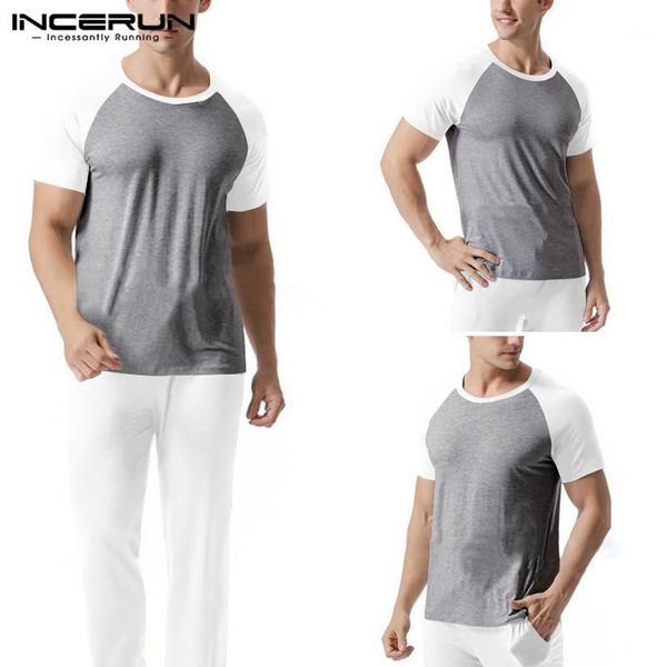 

incerun men soft sets casual workout soft bodybuilding sets short sleeve patchwork t shirts long pants homewear suits 2 pieces1, Gray