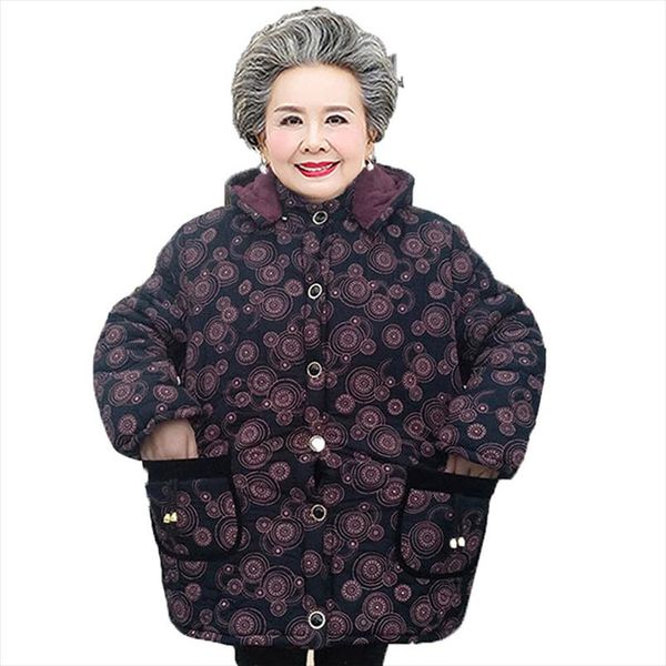 

8xl oversized parkas coat elderly women clothing jacket winter padded warm overcoat mid long printing outerwear grandmother coat, Black