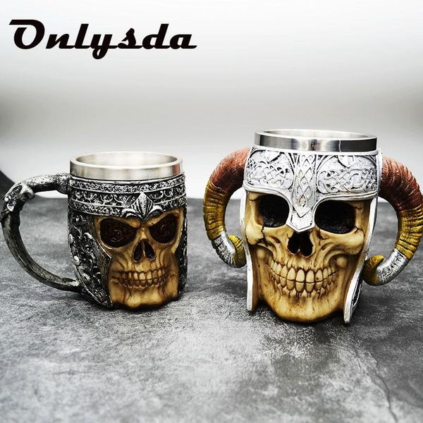 

нержавеющая сталь череп кружка viking ram рогатый pit lord warrior beer stein танкард чашку кофе чай halloween bar drinkware подарков wmtjgb, Bronze;silver