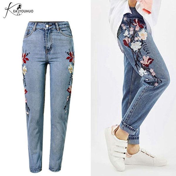 

2019 vintage casual female boyfriend jeans for women embroidery straight mom jeans high waist push up denim skinny woman11, Blue