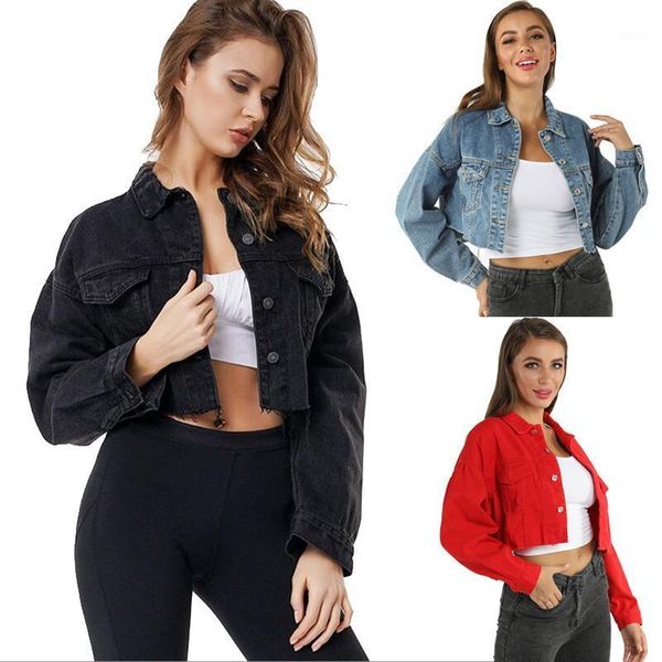 

women's jackets drop shoulder jacket long sleeve frayed hem ripped crop denim women high street single breasted solid short blue1, Black;brown