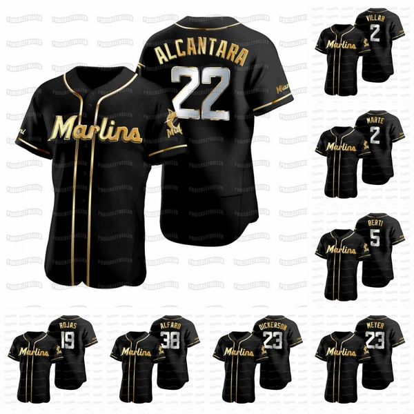 

miami sandy alcantara 2020 black golden edition brian anderson max meyer miguel rojas jonathan villar brinson alfaro starling marte jersey, Blue;black