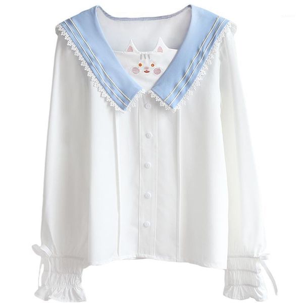 

kawaii fashion soft girls white shirt women blouse japan lolita cute cat embroidery lace puff long sleeve princess chiffon 1