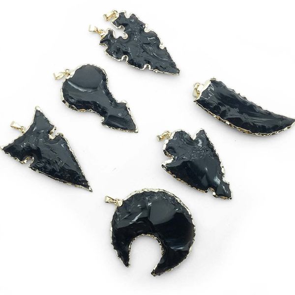 

wholesale 5 pcs gold plated many style black obsidian stone pendant for gift ethnic style jewelry, Silver