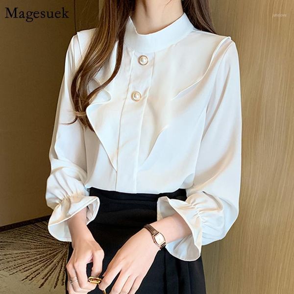 

autumn long sleeve solid silk blouse women 2021 ruffles loose white shirt women o-neck slim blouses casual blusas 104991