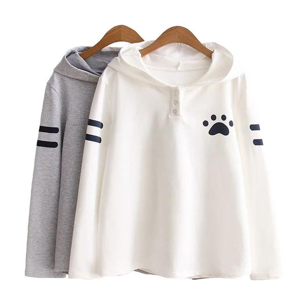 

new fashion japanese style spring autumn girls sweatshirt cat ears claw marks print long sleeve women hoodie, Black