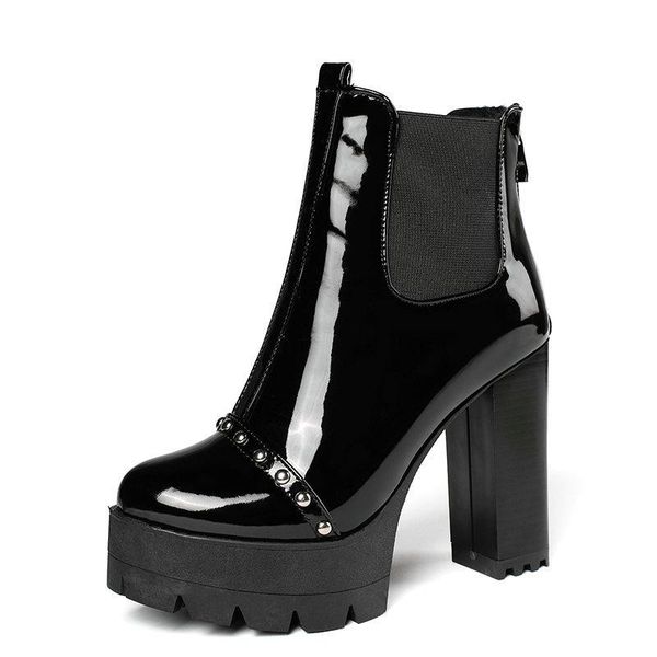 

shoes boots flat platform zipper round toe booties ladies clogs ankle leather rock rubber high heel hoof heels solid pu fabric, Black