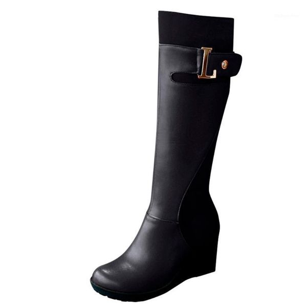 

boots women's high-tube wedge belt buckle side zipper knight ladies shoes1, Black