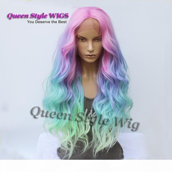 

mermaid pastel rainbow hair wig synthetic rainbow color pink purple blue fluorescent green ombre hair lace front wig mermaid cosplay wigs, Black