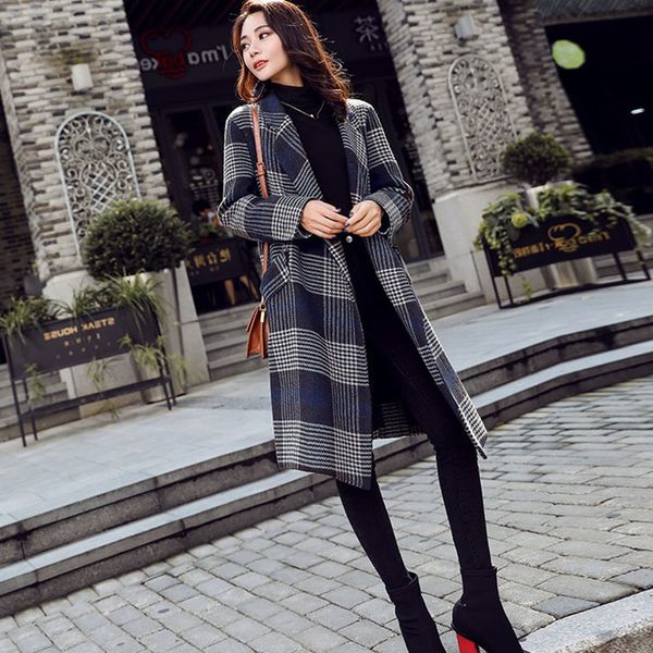 

plaid trench female mid-long windbreaker 2021 new casual loose spring autumn women woolen coat casaco feminino c131, Black