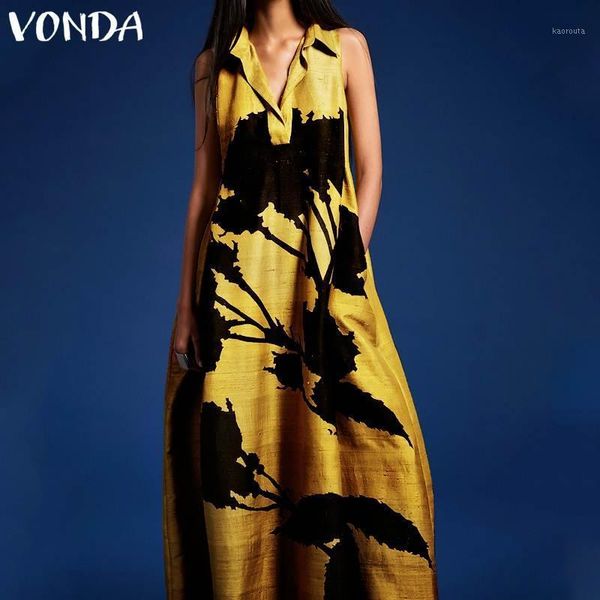 

vonda summer sleeveless dress plus size v neck printed dress casual women floral print party holiday dresses plus size vestidos1, Black;gray