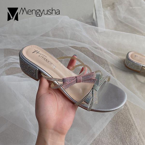 

crystal bordered mixed colors bowknot transparent gold/silver women sandals open toe thick med high heels slides fairy sandalias1, Black