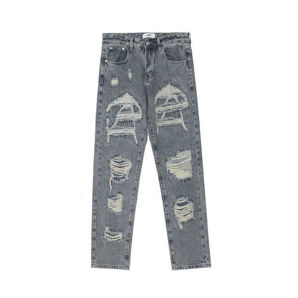 

men's jeans high street hip hop wind paste cloth hole cat beard straight tube loose casual jeans, Blue
