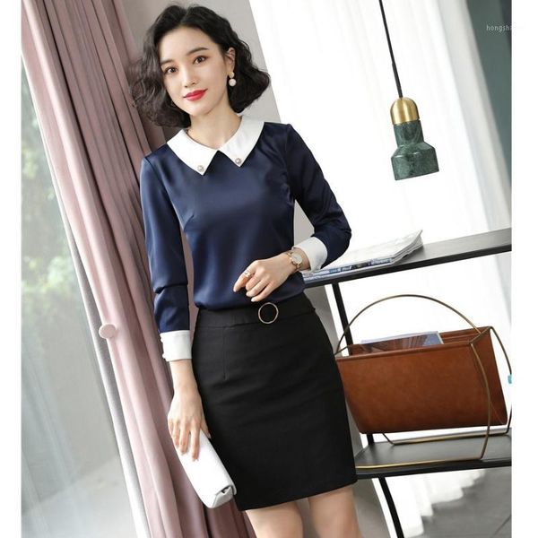 

women blouses long sleeve ladies business suits 2 piece skirt and sets navy blue1, White