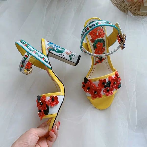 

new summer 2020 all leather one button sun flower high heeled sandals, Black