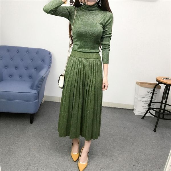 

women's autumn and winter retro bright silk turtleneck sweater suit pullover sweater + long pleated skirt ladies suit 2020 new c1103, Gray