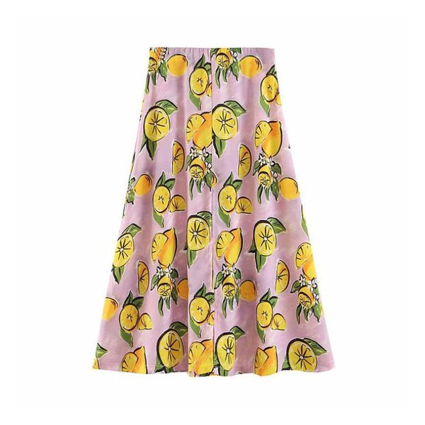

women sweet lemon print split midi skirt side zipper elegant female elegant 2020 summer mid calf skirts faldas mujer, Black