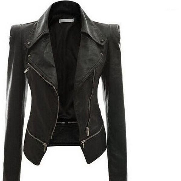 

new women autumn winter black faux leather jackets zipper basic coat turn-down collar motor biker jacket y2391