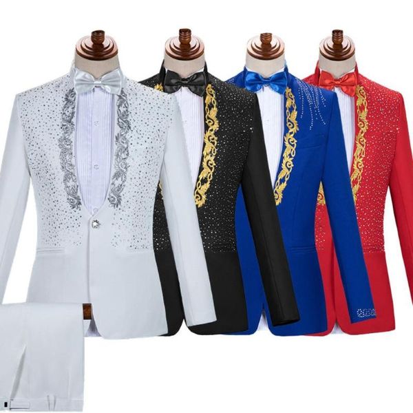

men's suits & blazers men slim blazer stylish business casual jacket singer stage show host ceremonies wedding pants two-piece set suit, White;black