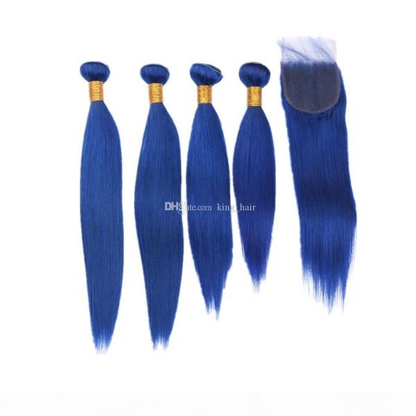 

colored blue silky straight hair weaves with closure 4x4 pure blue virgin human hair 4bundles extensions with 4*4 lace closure, Black