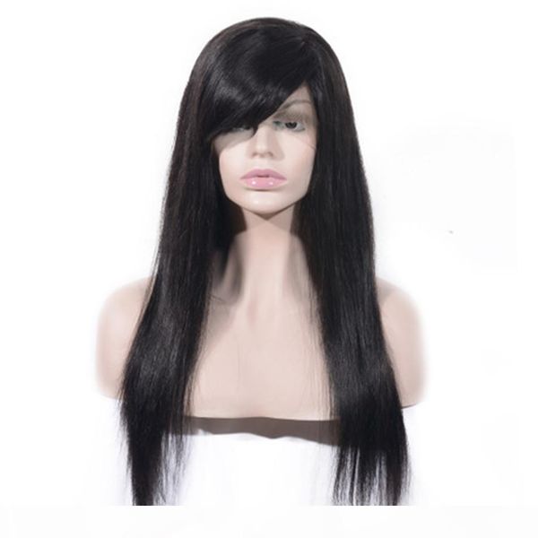 

lace front wig bleached knots 130% density natural color straight brazilian virgin human hair swiss lace wig with bang, Black;brown