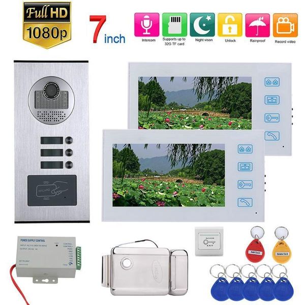 

video door phones 7inch record intercom apartments phone system with rfid 1080p doorbell camera+electric strike lock1
