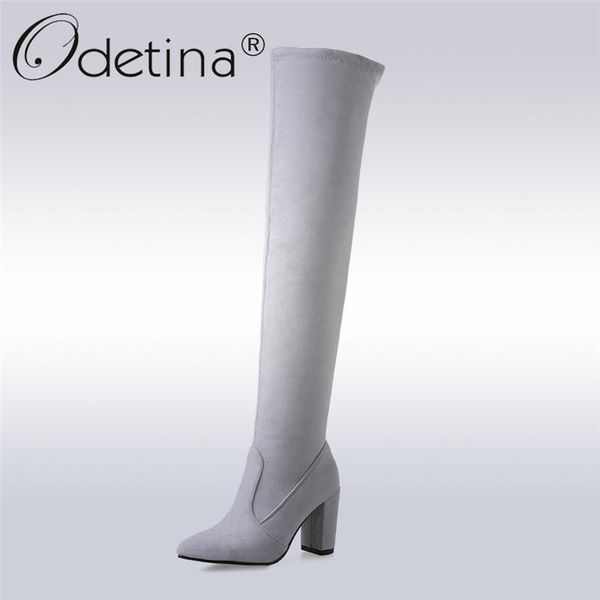 

boots odetina fashion women faux suede thigh high heels ladies over the knee pointed toe square heel big size 46, Black
