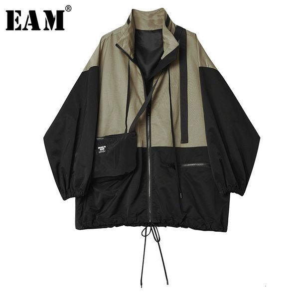 

[eam] loose fit contrast color big size jacket new stand collar long sleeve women coat fashion tide spring autumn 1h058 201017, Black;brown