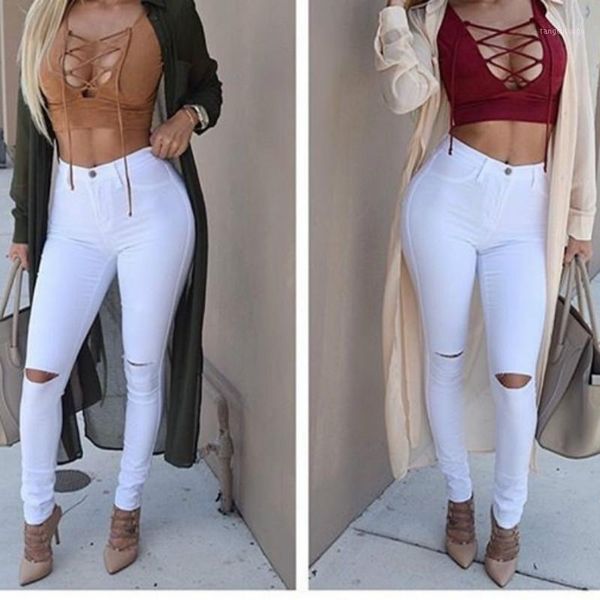 

denim jeans minimalism pencil-pants destroyed stretch torn-hole high-waist women slim dm0011, Blue
