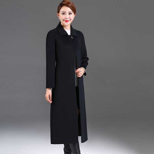 

women's wool & blends 2021 and over-the-knee double-sided long money cashmere coat female elderly mother cultivate morality, Black