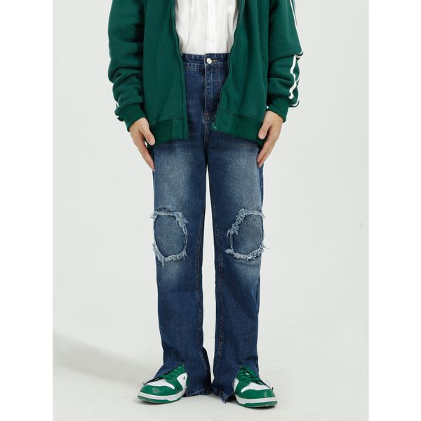 

2020 patched men knee a vintage splice hem split jeans straight japanese choreography streetwear hip brim pants fb1r, Blue