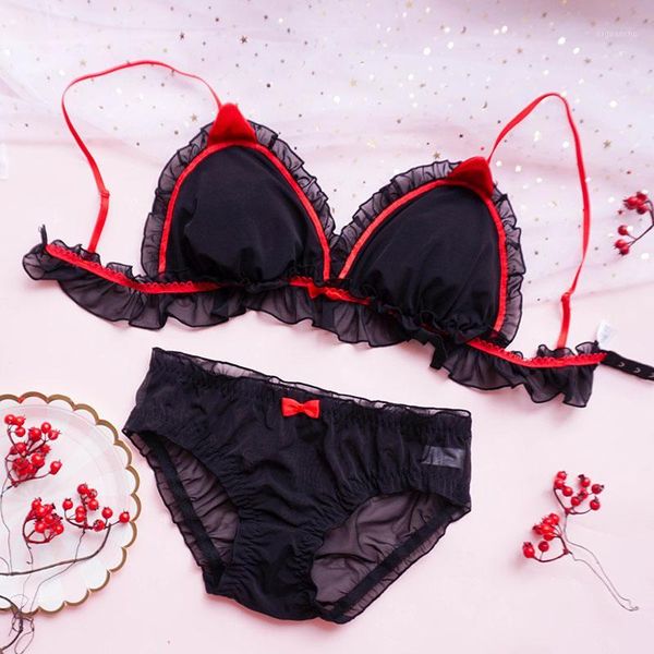 

2pcs women's clothes japanese style sweet women kawaii girls bra set underwear underpants cherry ruffle bra1, Red;black