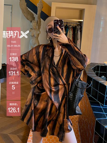 

female 2021 autumn new loose shirt luxury designer woman clothes vintage dress 91jg, Black;gray