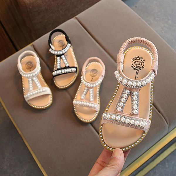 

summer baby girls sandals toddler infant kids slip on pearl crystal single princess roman shoes for children girl, Black