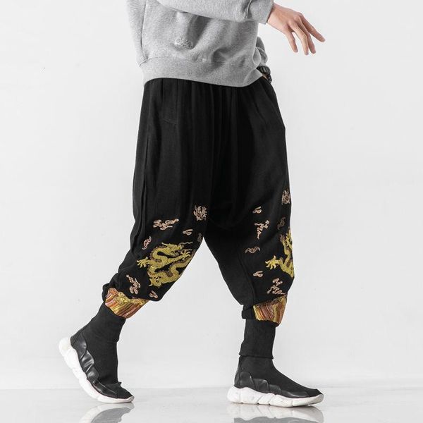 

men's pants neploha chinese style casual lantern linen cotton embroidered long man oversize fashion vintage trouser, Black