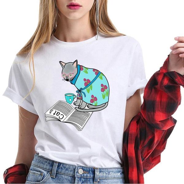 

womens summer clothing 2021 funny cat love book and coffee t shirts women cute harajuku white female t-shirt