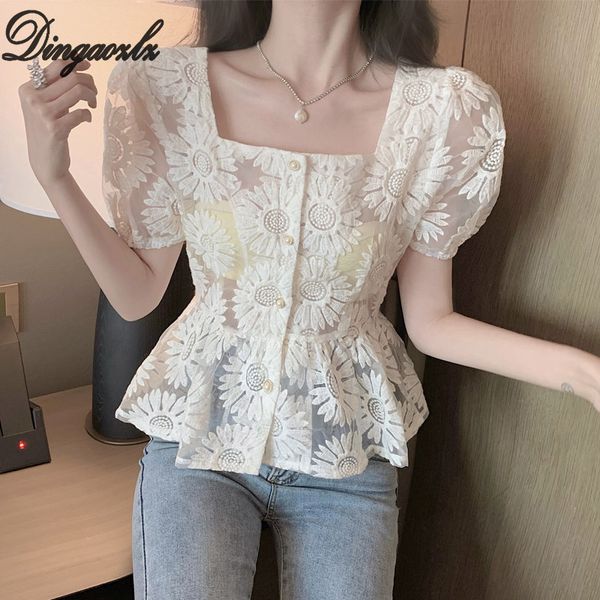 

summer sun flower women shirt puff sleeve lace perspective short design ladies chiffon blouse, White