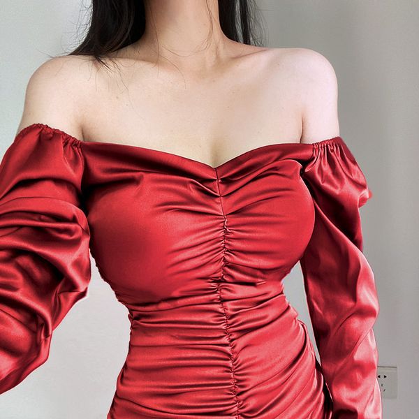 

2021 new mini party women off the shoulder bandage open square neck back smooth thin satin plissado club dress lz21, Black;gray