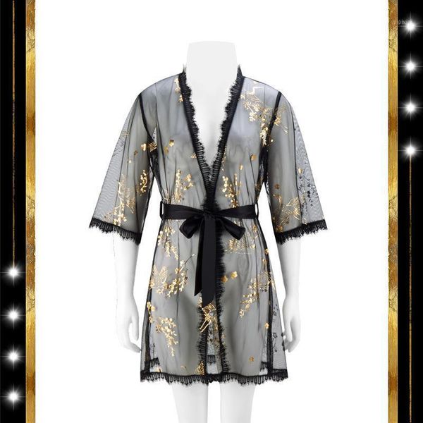 

black printed gold mesh lace summer robe kimono bathrobe intimate lingerie lady nightgown loose home wear with belt1, Black;red
