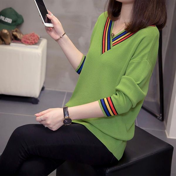 

plus size knit pullovers and sweaters women 2021 autumn winter v neck colorfull striped loose knitwear oversized ladies jumpers, White;black